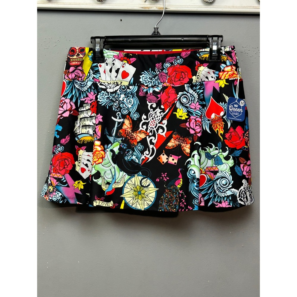 Queen of the Court Skort Womens M Multicolor Tattoo Print Athletic Tennis Skirt